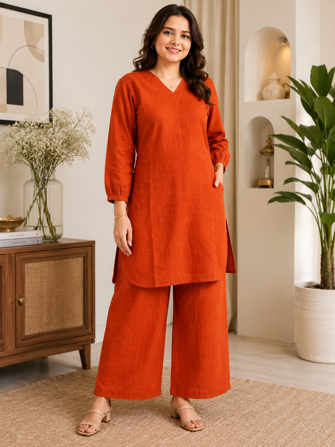 Rust Orange Linen Blend Kurta Pant Co-Ord Set