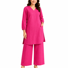 Pink Linen Kurta Palazzo Co-Ord Set for Festive Wear - view 3