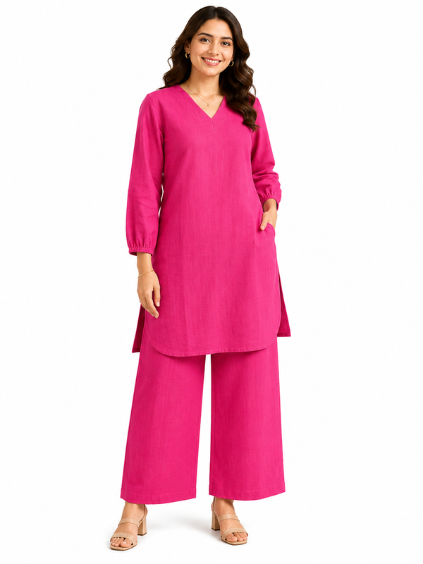 Pink Linen Kurta Palazzo Co-Ord Set for Festive Wear - view 3