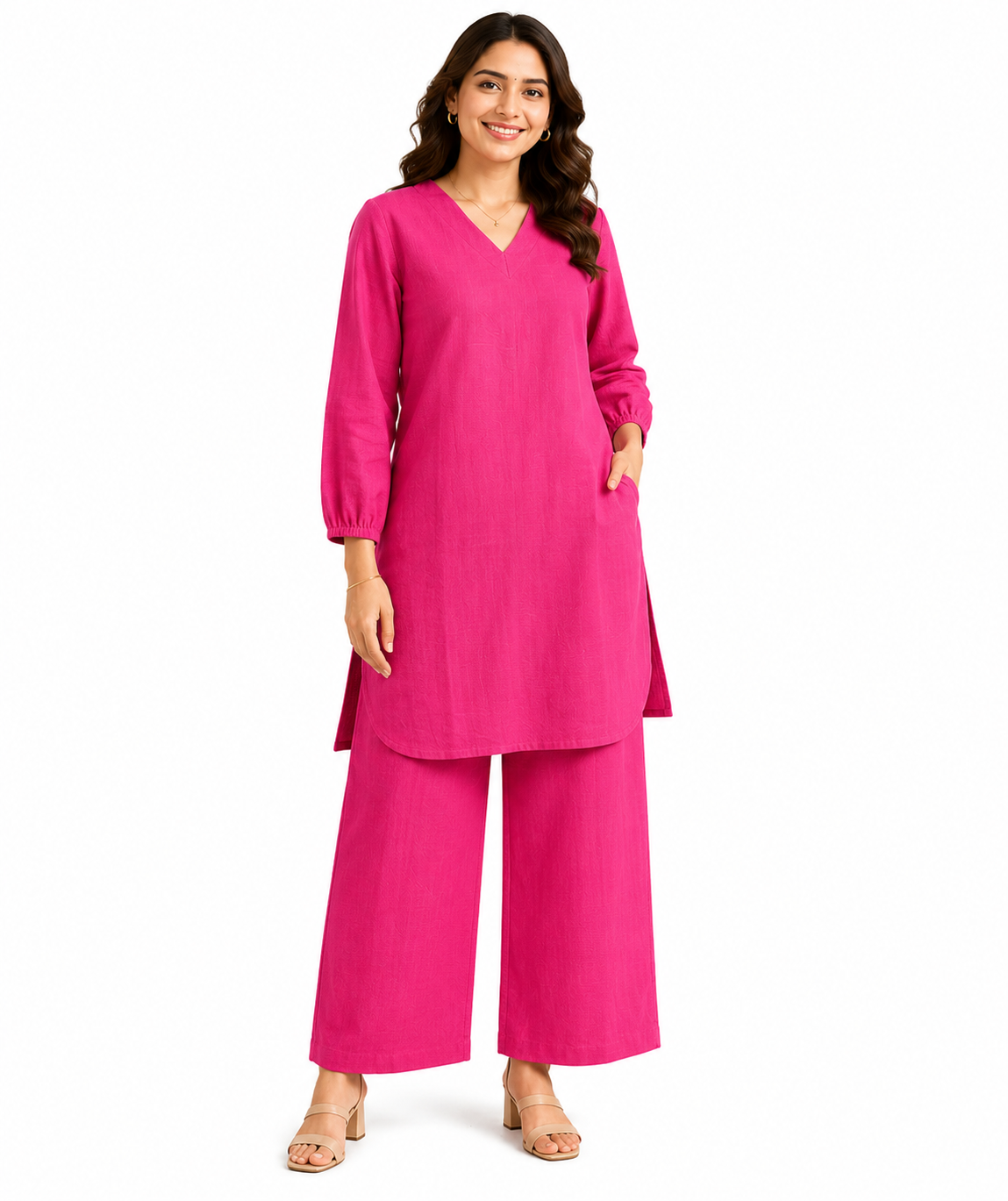 Premium Linen Blend V-Neck Kurta Palazzo Co-Ord Set