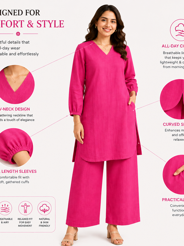 Pink Linen Kurta Palazzo Co-Ord Set for Festive Wear - view 4