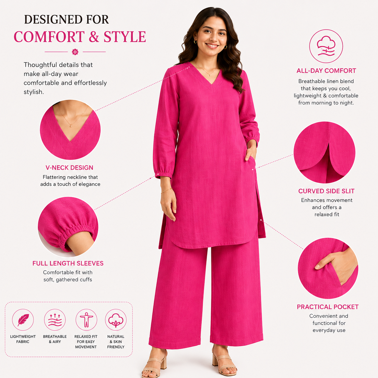 Premium Linen Blend V-Neck Kurta Palazzo Co-Ord Set