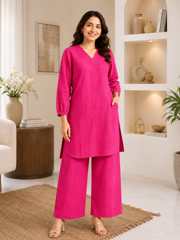 Pink Linen Kurta Palazzo Co-Ord Set for Festive Wear