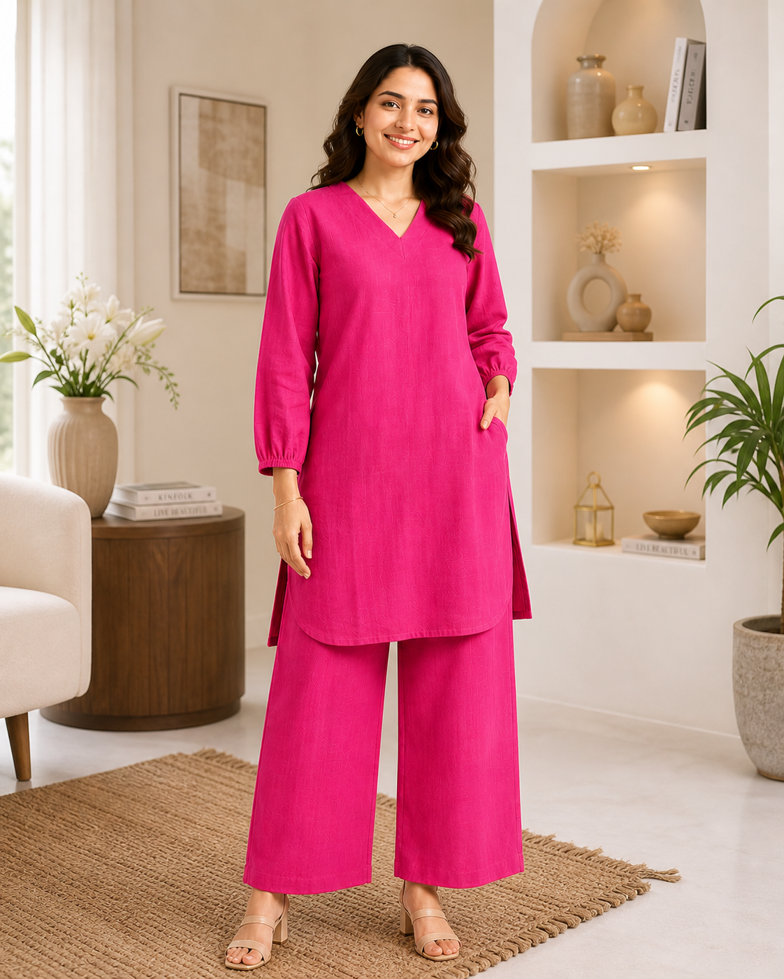 Premium Linen Blend V-Neck Kurta Palazzo Co-Ord Set