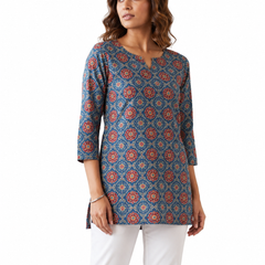 Blue Printed Cotton Short Kurti for Office Wear - view 2