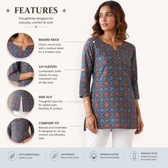Blue Printed Cotton Short Kurti for Office Wear - view 4