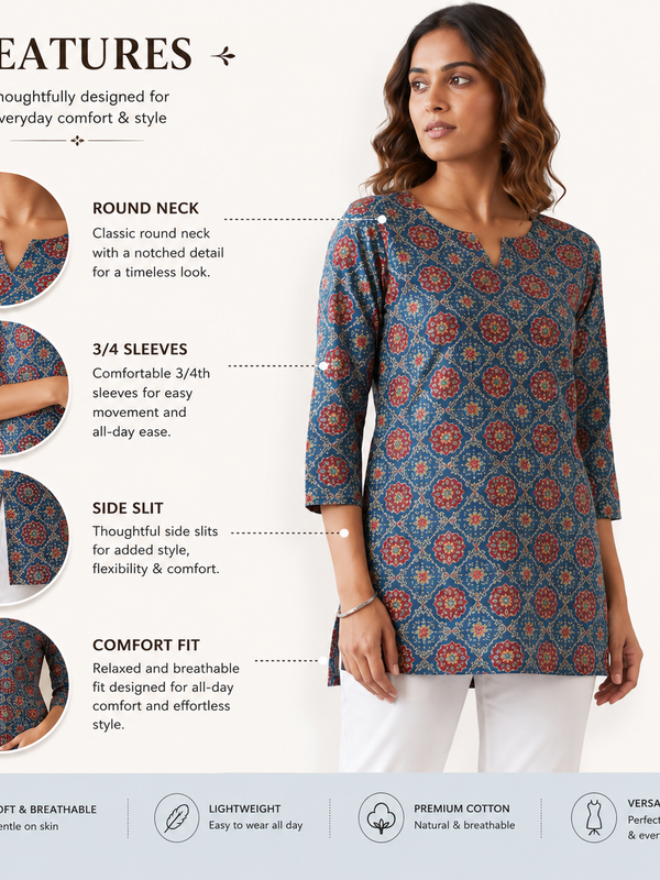 Blue Printed Cotton Short Kurti for Office Wear - view 4