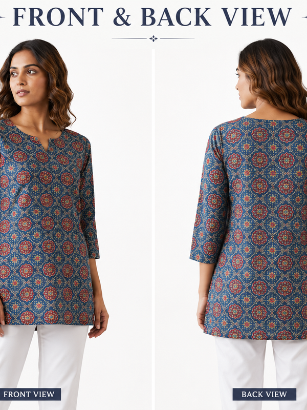 Blue Printed Cotton Short Kurti for Office Wear - view 5