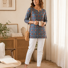 Blue Printed Cotton Short Kurti for Office Wear