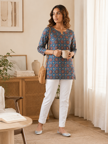 Blue Printed Cotton Short Kurti for Office Wear