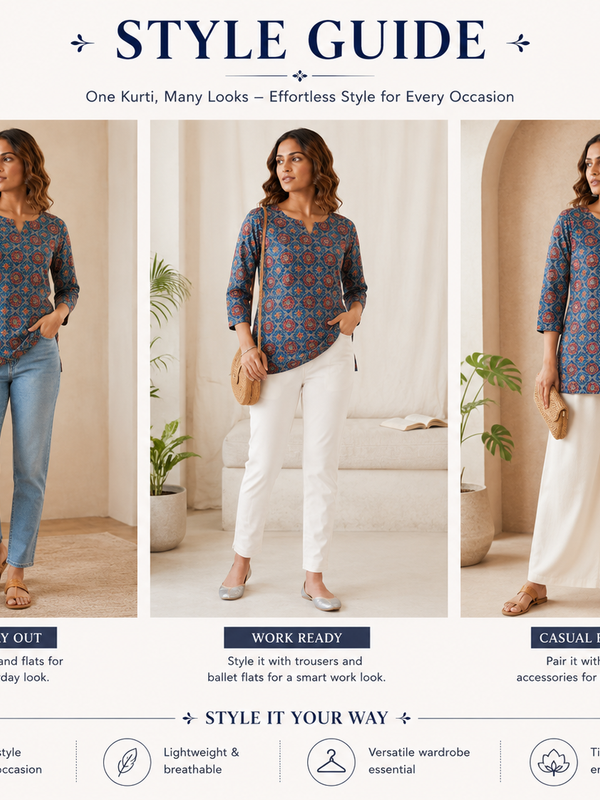 Blue Printed Cotton Short Kurti for Office Wear - view 7