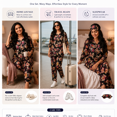 Black Floral-Print Night Suit Set for Travel Wear - view 4