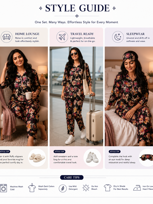 Black Floral-Print Night Suit Set for Travel Wear - view 4