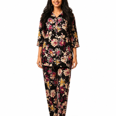 Black Floral-Print Night Suit Set for Travel Wear - view 2