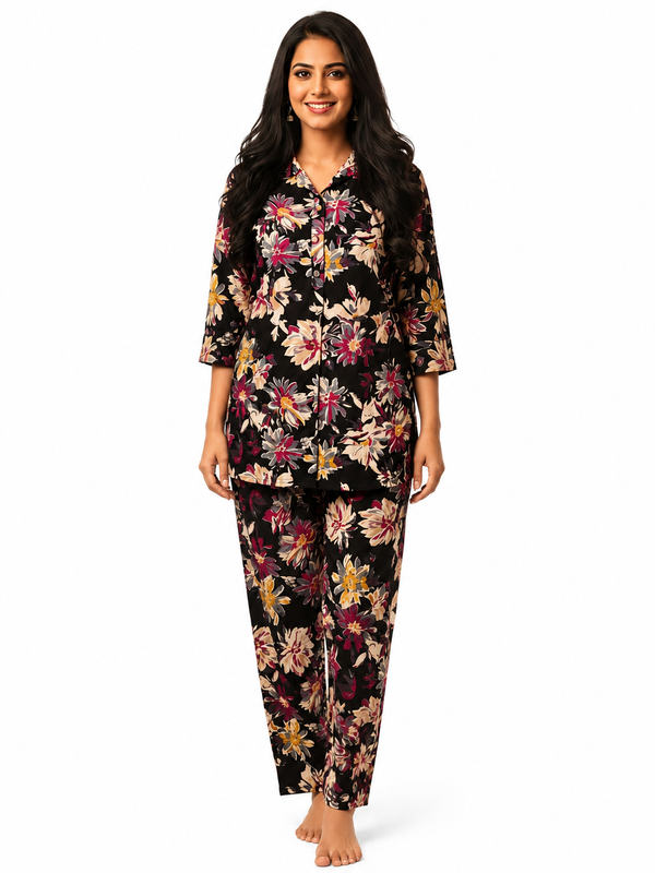 Black Floral-Print Night Suit Set for Travel Wear - view 2