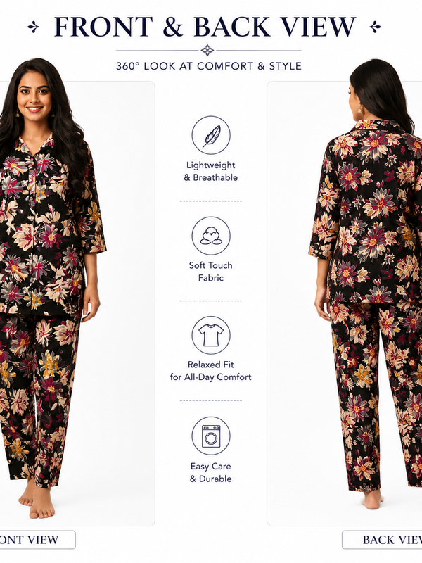 Black Floral-Print Night Suit Set for Travel Wear - view 6