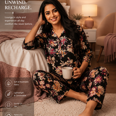 Black Floral-Print Night Suit Set for Travel Wear
