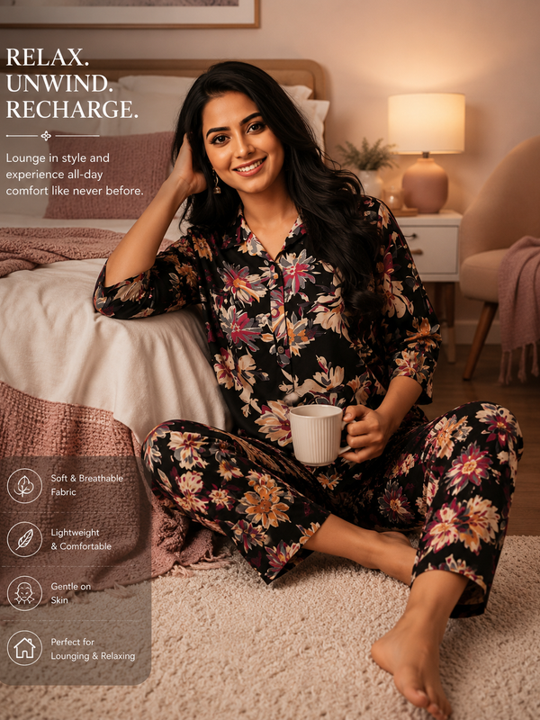 Black Floral-Print Night Suit Set for Travel Wear