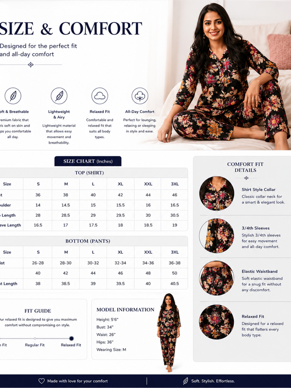 Black Floral-Print Night Suit Set for Travel Wear - view 7