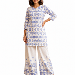 White Printed Cotton Kurta Palazzo Co-Ord Set for Festive Wear - view 2