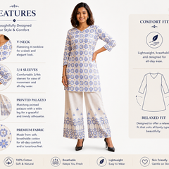 White Printed Cotton Kurta Palazzo Co-Ord Set for Festive Wear - view 4