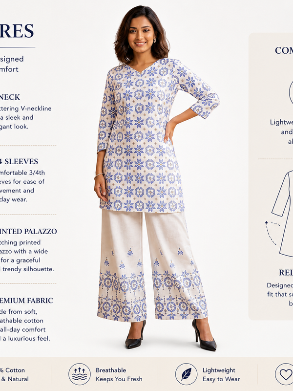 White Printed Cotton Kurta Palazzo Co-Ord Set for Festive Wear - view 4