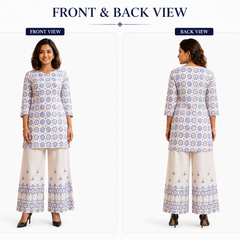 White Printed Cotton Kurta Palazzo Co-Ord Set for Festive Wear - view 5