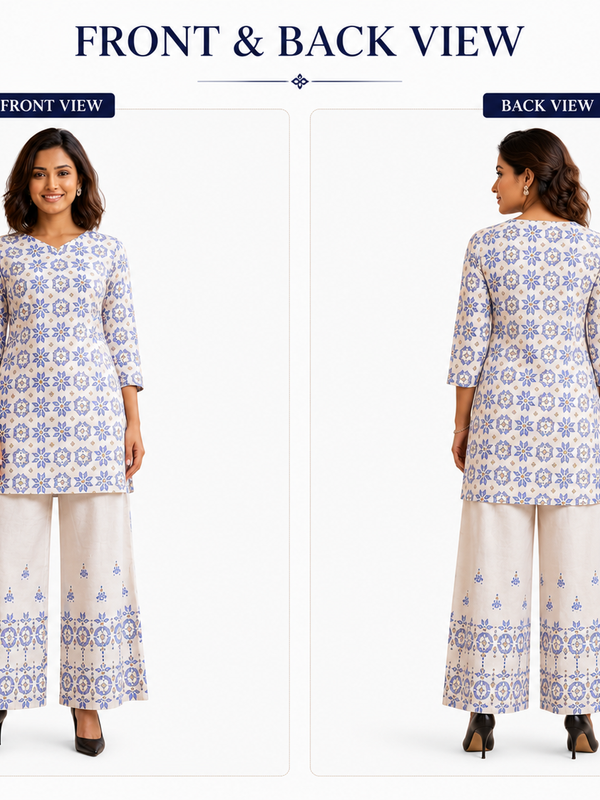 White Printed Cotton Kurta Palazzo Co-Ord Set for Festive Wear - view 5