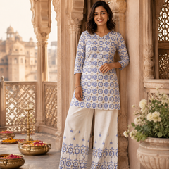 White Printed Cotton Kurta Palazzo Co-Ord Set for Festive Wear