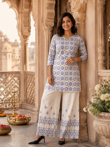 White Printed Cotton Kurta Palazzo Co-Ord Set for Festive Wear