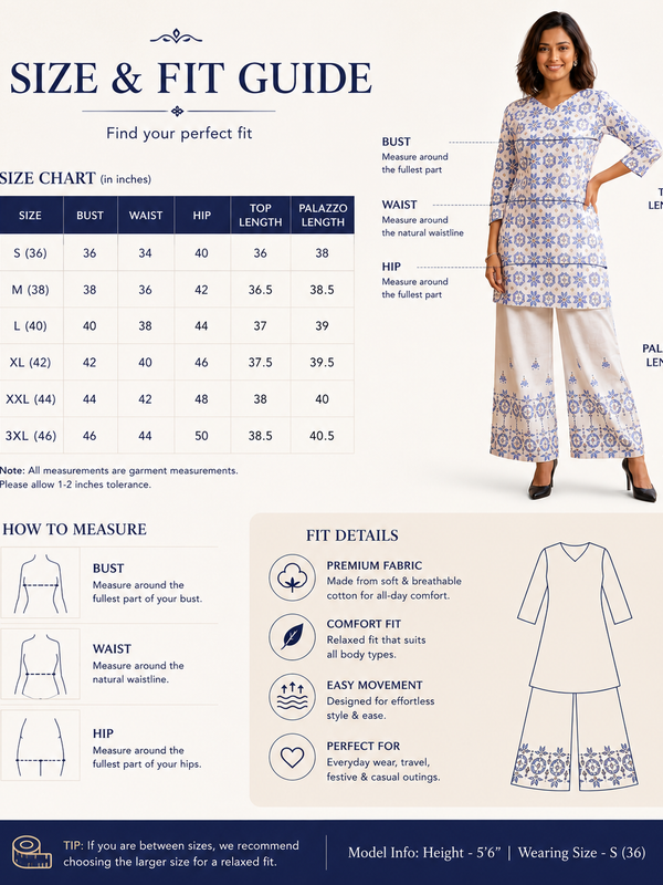 White Printed Cotton Kurta Palazzo Co-Ord Set for Festive Wear - view 6