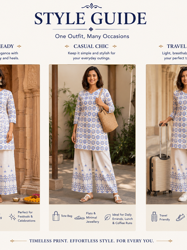 White Printed Cotton Kurta Palazzo Co-Ord Set for Festive Wear - view 7
