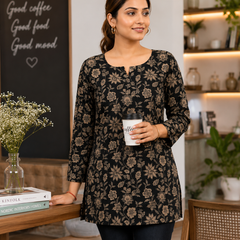 Black Floral-Print Cotton Short Kurti for Office Wear
