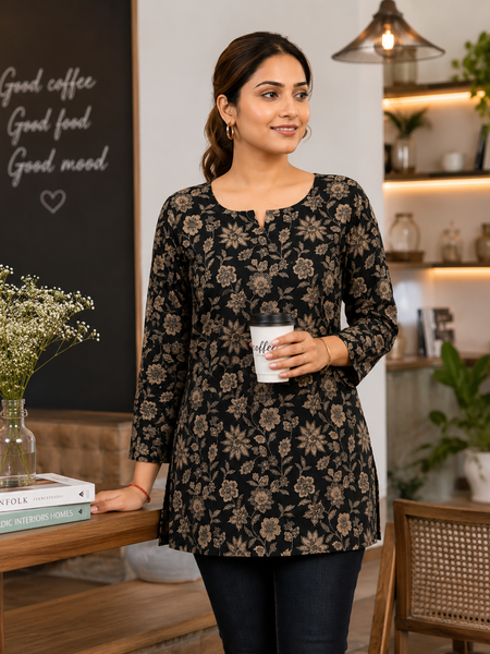 Black Floral-Print Cotton Short Kurti for Office Wear