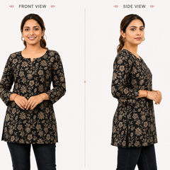 Black Floral-Print Cotton Short Kurti for Office Wear - view 5