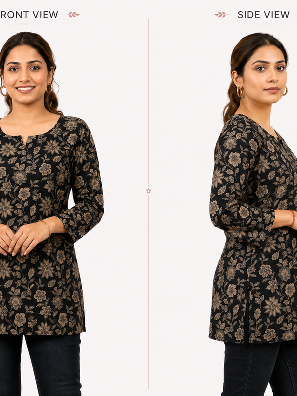 Black Floral-Print Cotton Short Kurti for Office Wear - view 5
